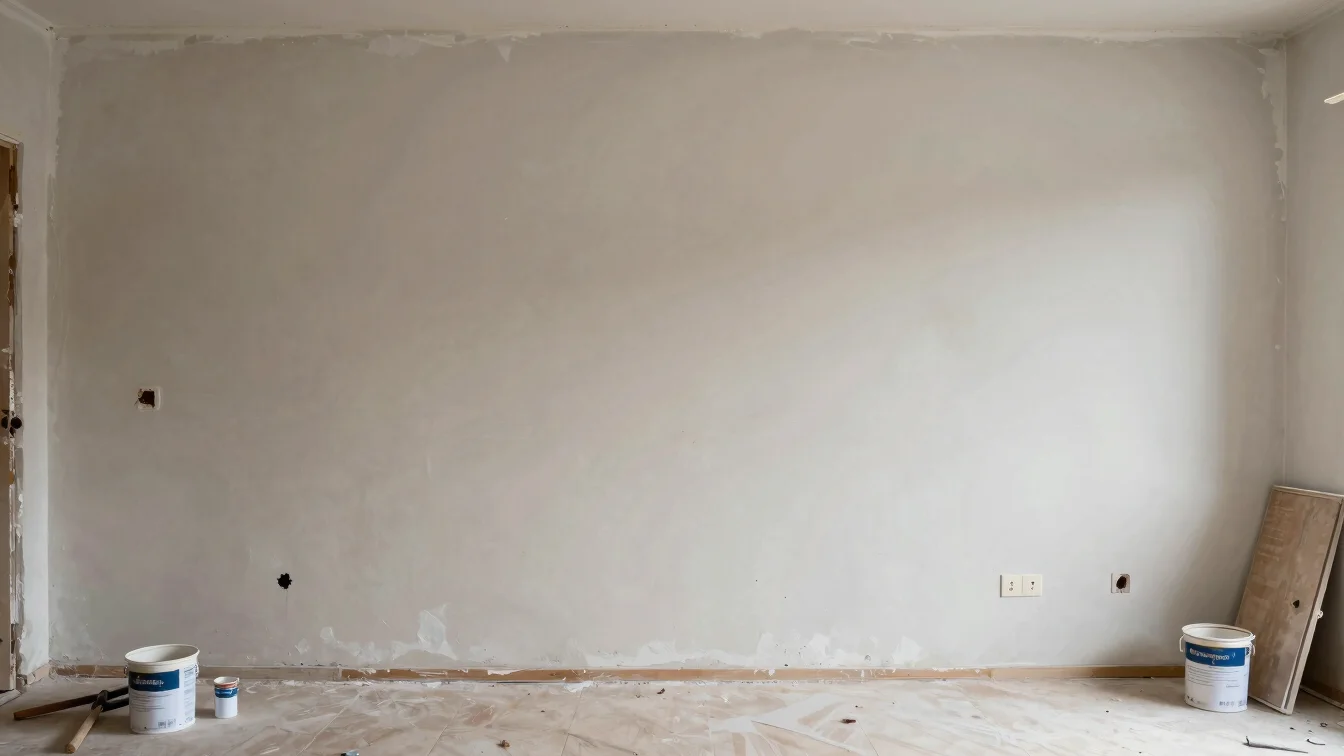 Détail d’un mur en cours de rénovation intérieure, enduit frais e