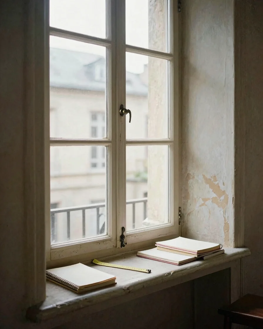 Photographie éditoriale d’un intérieur de logement ancien en cours d’examen, lumière naturelle diffuse, murs en plâtre l