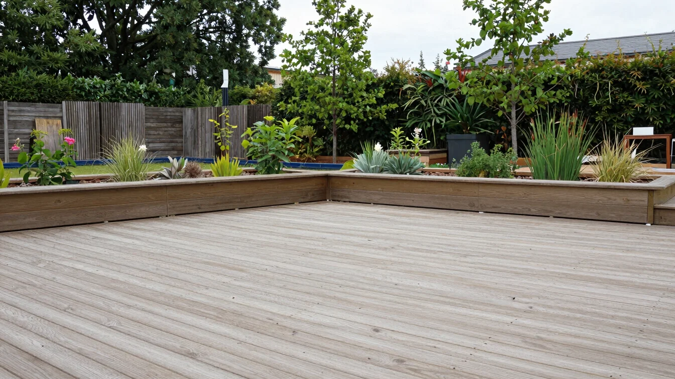 Terrasse en bois et jardin en cours d’aménagement, matériaux visi