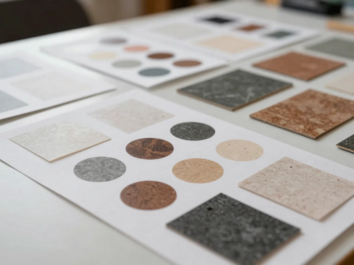 Plan papier annoté posé sur une table de travail avec échantillons de matériaux, lumière naturelle diffuse, cadrage docu