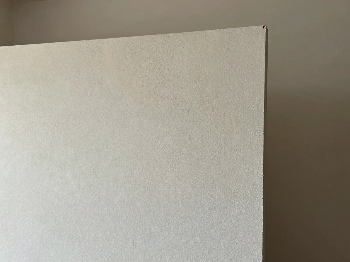 Détail d'une cloison en cours de rénovation dans un logement ordinaire, lumière naturelle diffuse, matériaux bruts visib