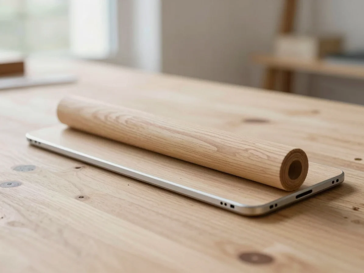 Pinceau et rouleau posés sur une tablette en bois dans une pièce en travaux, lumière naturelle diffuse, tons terre, cadr