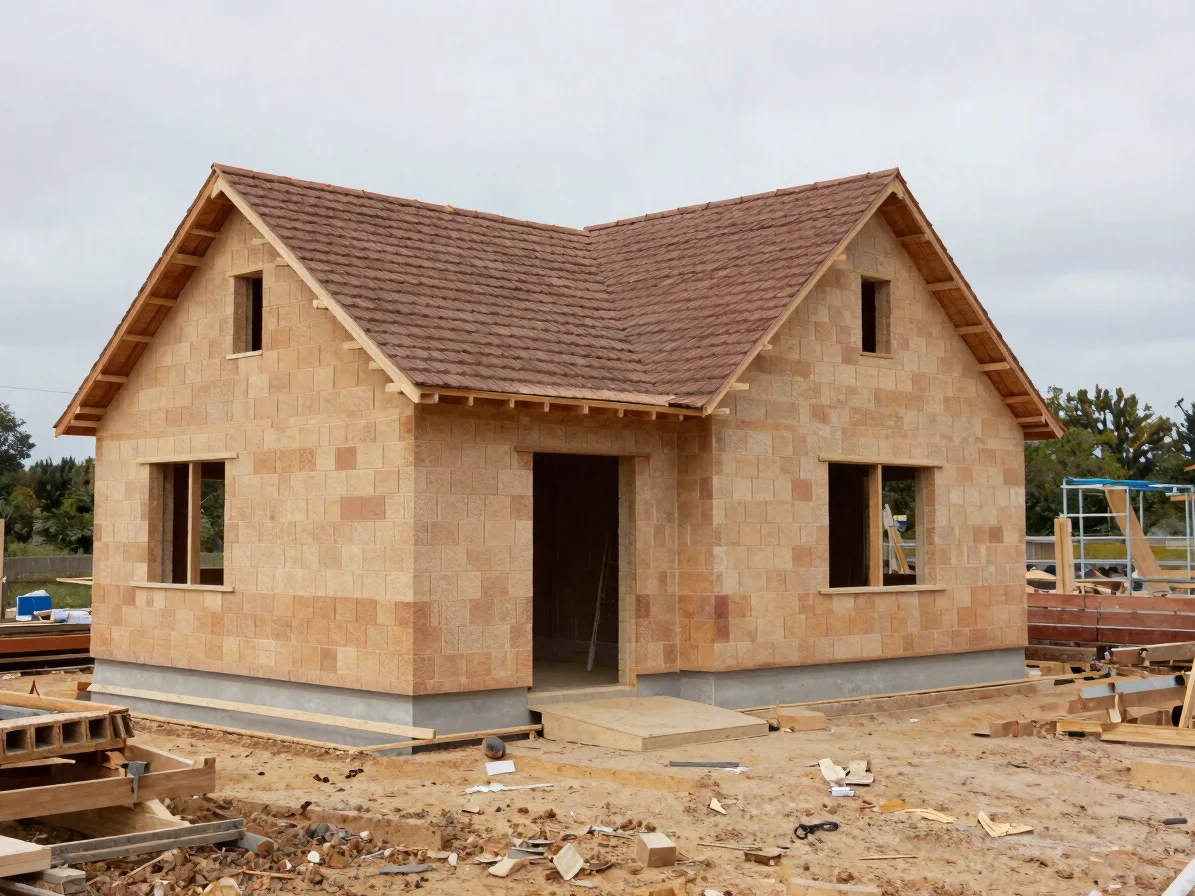 Vue documentaire d’un chantier de maison en gros œuvre, murs de p