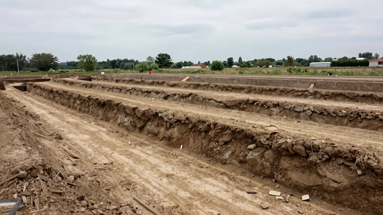 Terrassement et fondations d’une construction neuve, tranchées et radier en béton, lumière naturelle diffuse, cadrage do