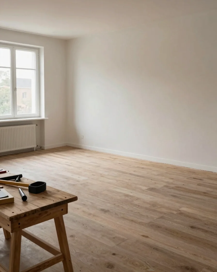 Vue large et diffuse d’une pièce en cours de rénovation, murs par